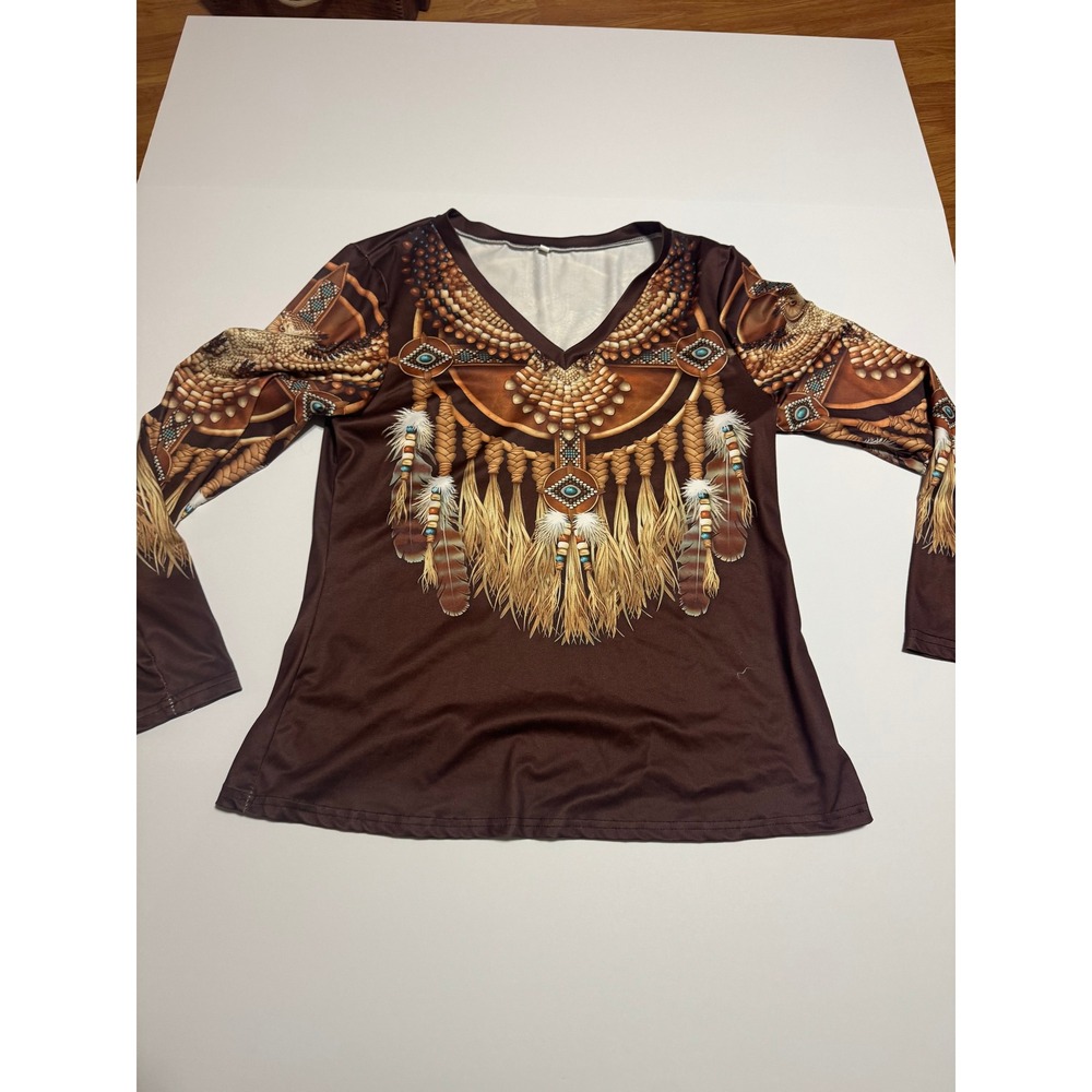 Brown Owl Dreamcatcher Graphic V-Neck Long Sleeve Top Size M